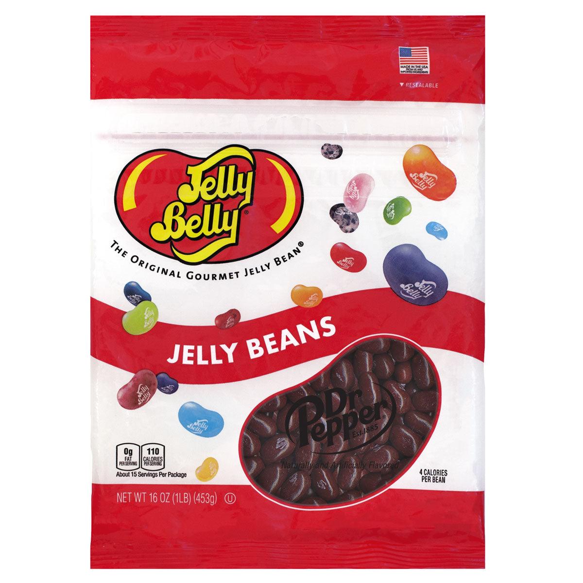 Assorted Jelly Belly Dr Pepper candy beans from Sweet Palace in a clear bag, showcasing the colorful, glossy candy pieces.