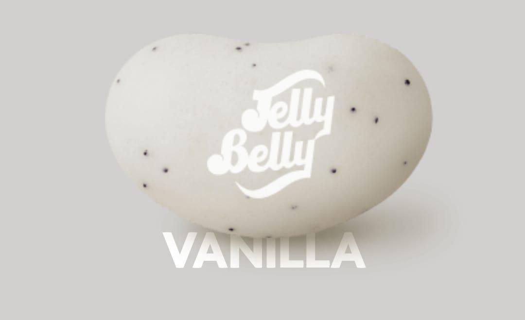 Assorted Jelly Belly French Vanilla candies from Sweet Palace in a clear bag showing small vanilla-flavored candy pieces