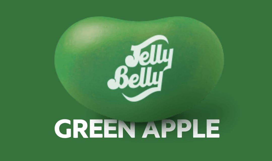 Sweet Palace Green Apple Jelly Belly candy in a clear bag, showing bright green, apple-flavored jelly beans with a shiny surface.
