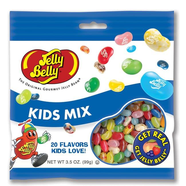 Assorted Jelly Belly Kids Mix candies in colorful packaging, featuring a variety of fruit-flavored jelly beans from Sweet Palace.