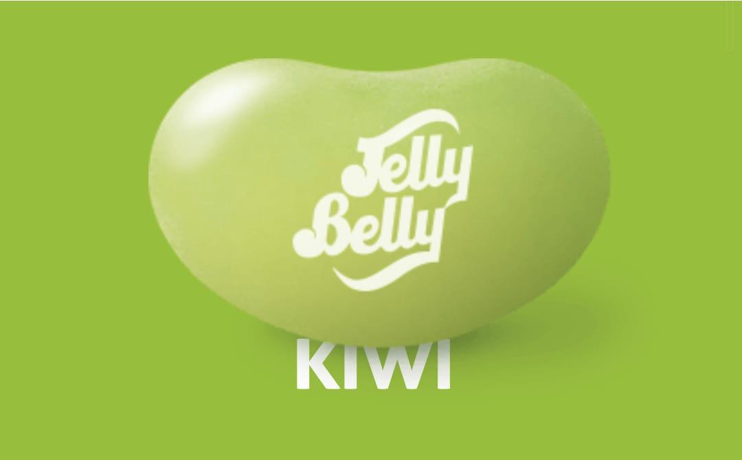 Assorted Jelly Belly Kiwi candy pieces from Sweet Palace in a clear bag, showcasing vibrant green and yellow jelly beans.