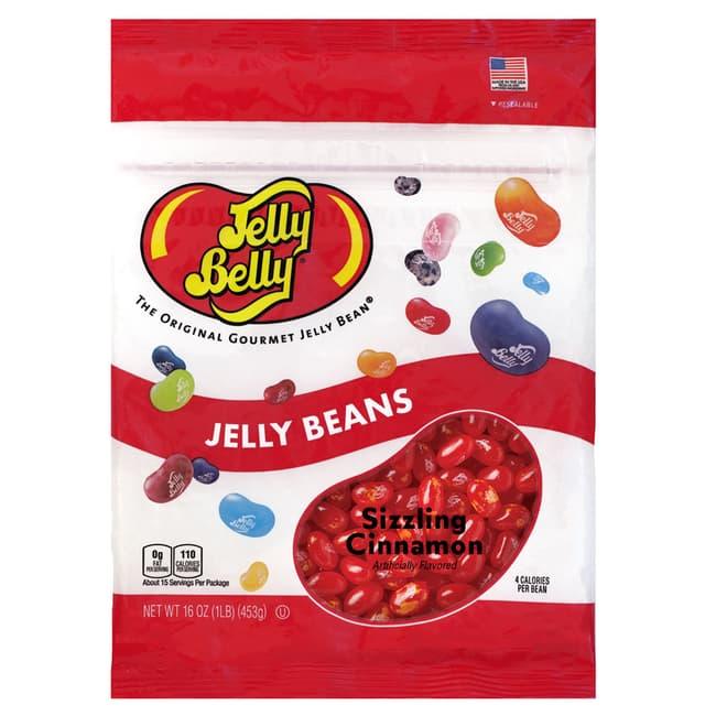 Sweet Palace Jelly Belly Sizzling Cinnamon candy in a clear bag with vibrant red and brown cinnamon-flavored jelly beans.
