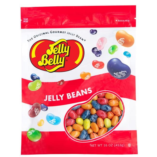 Assorted Jelly Belly Smoothie Blend candies in colorful packaging, showcasing a variety of fruit-flavored jelly beans.