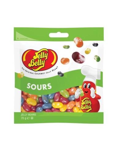 Assorted Jelly Belly Sour Mix candies in colorful flavors, presented in a clear bag, from Sweet Palace.