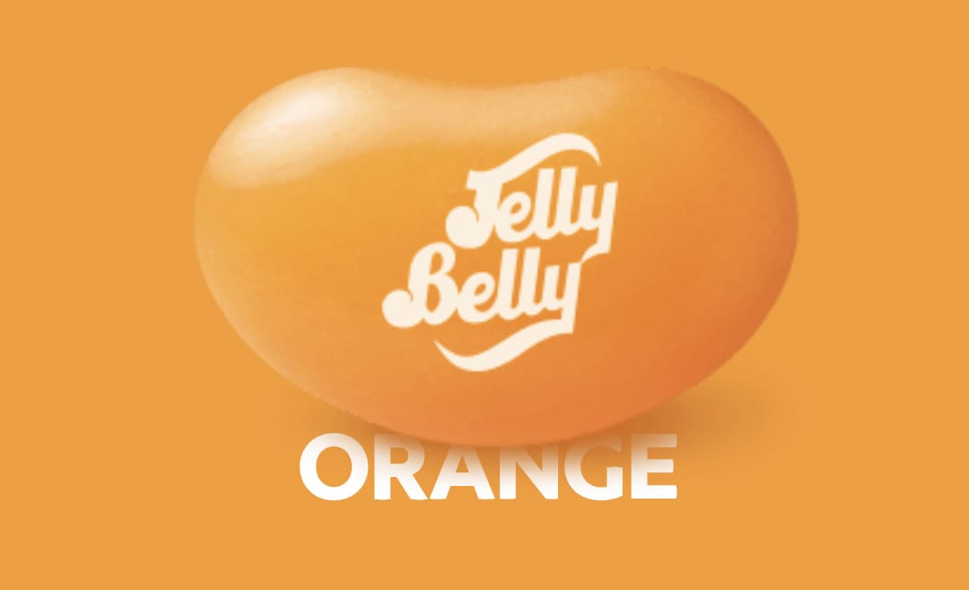 Sweet Palace Jelly Belly Sunkist Orange candy in a clear bag, colorful orange-flavored jelly beans close-up.