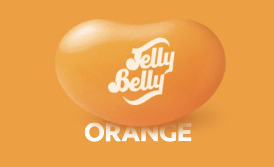 Jelly Belly Sunkist Orange candy beans in a clear jar, colorful glossy orange-colored sweets from Sweet Palace.