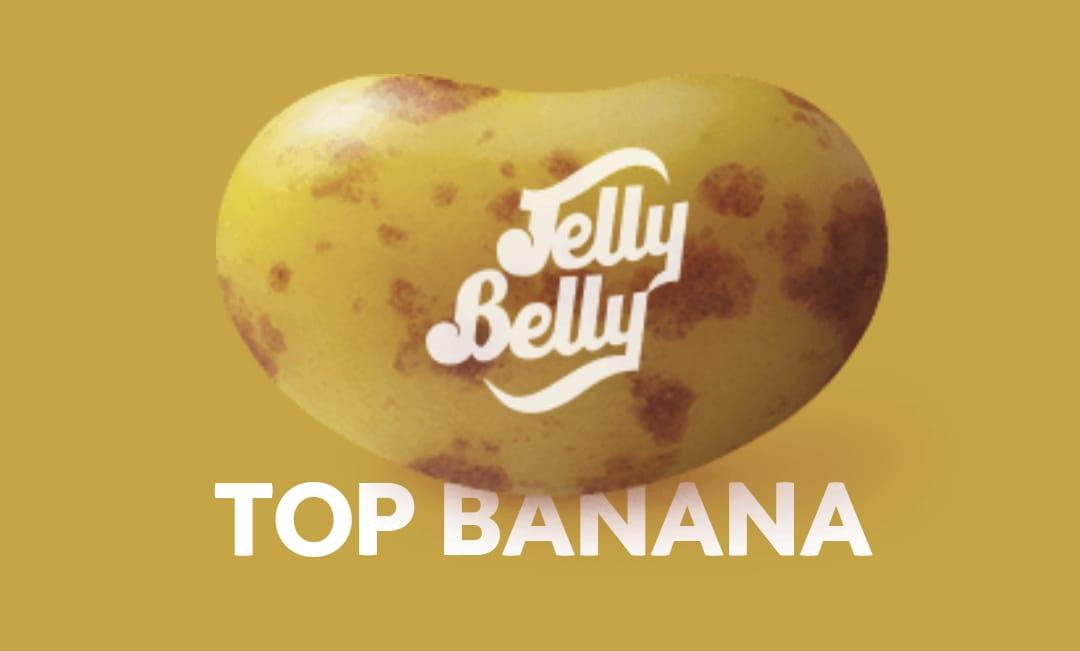 Assorted Jelly Belly Top Banana candies in a clear bag, showing bright yellow banana-flavored jelly beans.