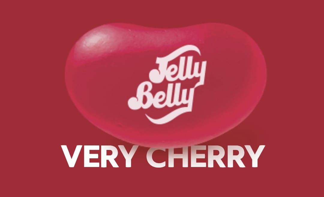 Assorted Jelly Belly Very Cherry candy in a clear bag, showcasing bright red, cherry-flavored jelly beans from Sweet Palace.