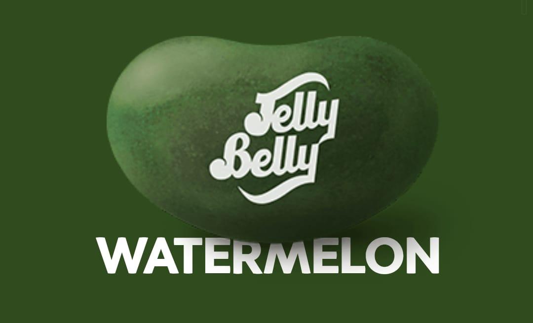 Assorted Jelly Belly Watermelon candy pieces from Sweet Palace in a clear container, vibrant green and pink colors visible.