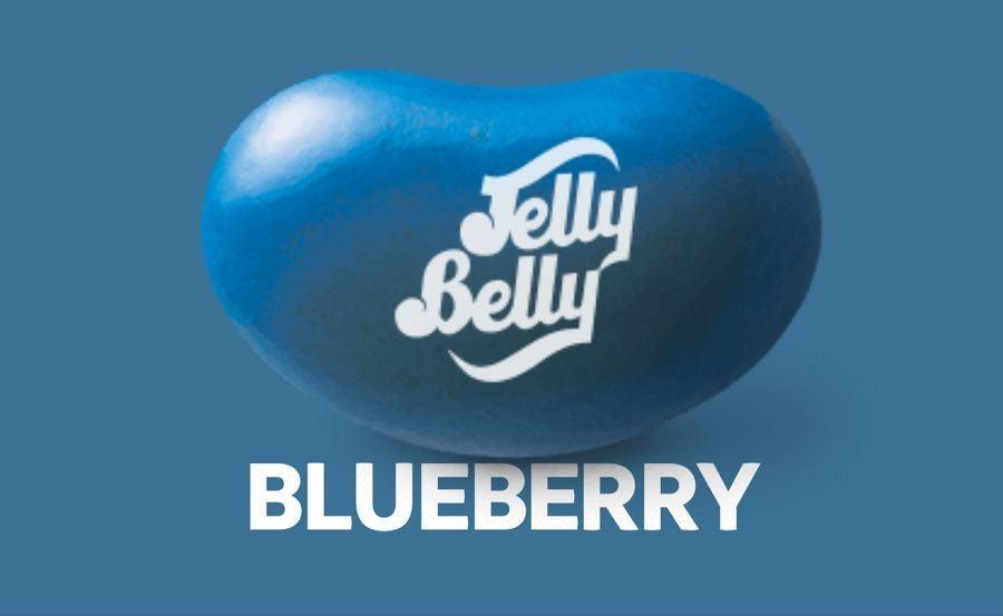 Blue raspberry Jelly Belly candy from Sweet Palace, showing colorful, glossy jelly beans in a clear bag.
