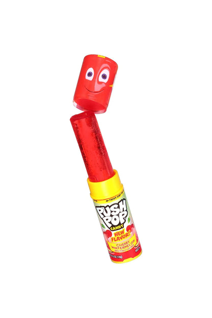 Sweet Palace Push Pop candy in clear container showing colorful lollipop inside, small 0.52 oz size.