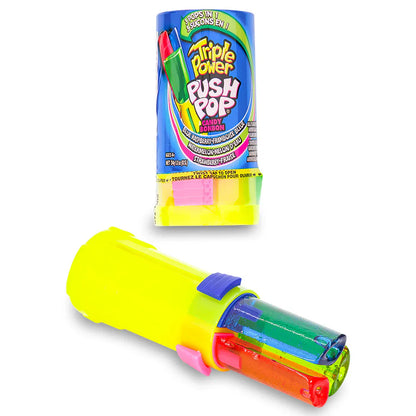 Sweet Palace Push Pop candy with colorful layered flavors in a clear plastic tube, shown in a close-up image.