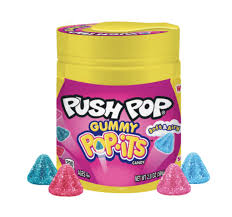 Sweet Palace Push Pop candy in a clear plastic tube with colorful layers, a popular lollipop-style treat.