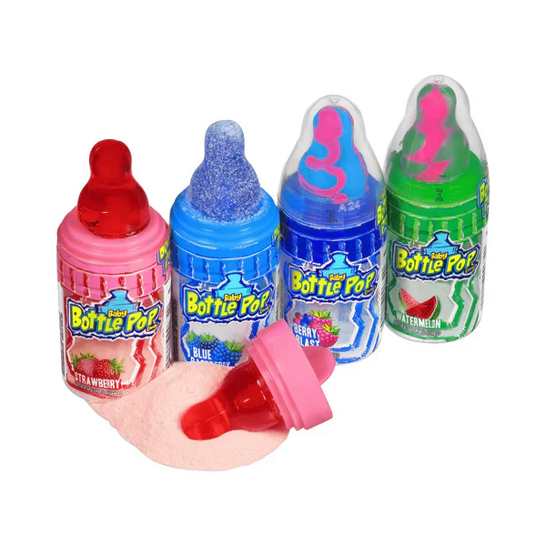 Sweet Palace Baby Bottle Pop candy in a clear plastic bottle, colorful lollipop inside, ready for enjoying sweet treats.
