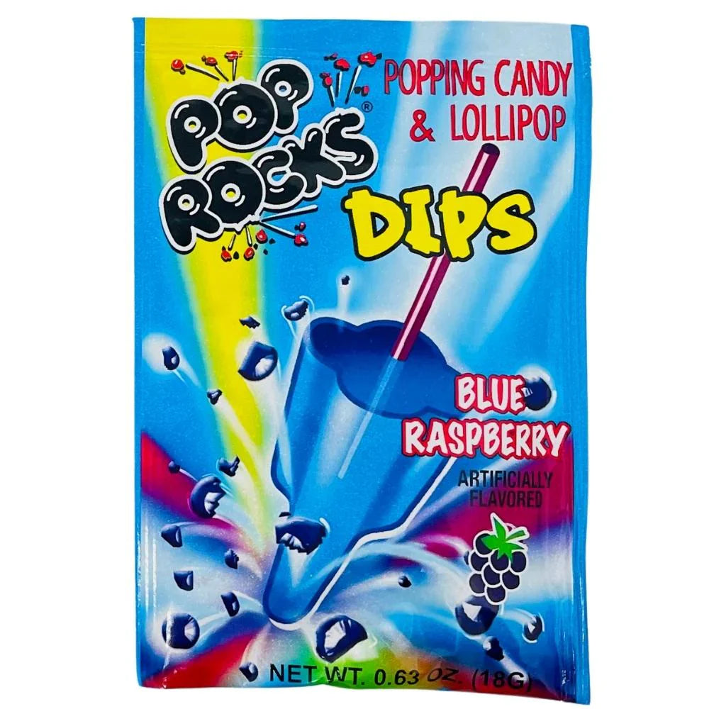 Blue raspberry Pop Rocks dip in a clear container by Sweet Palace, showcasing the fizzy candy crystals inside.