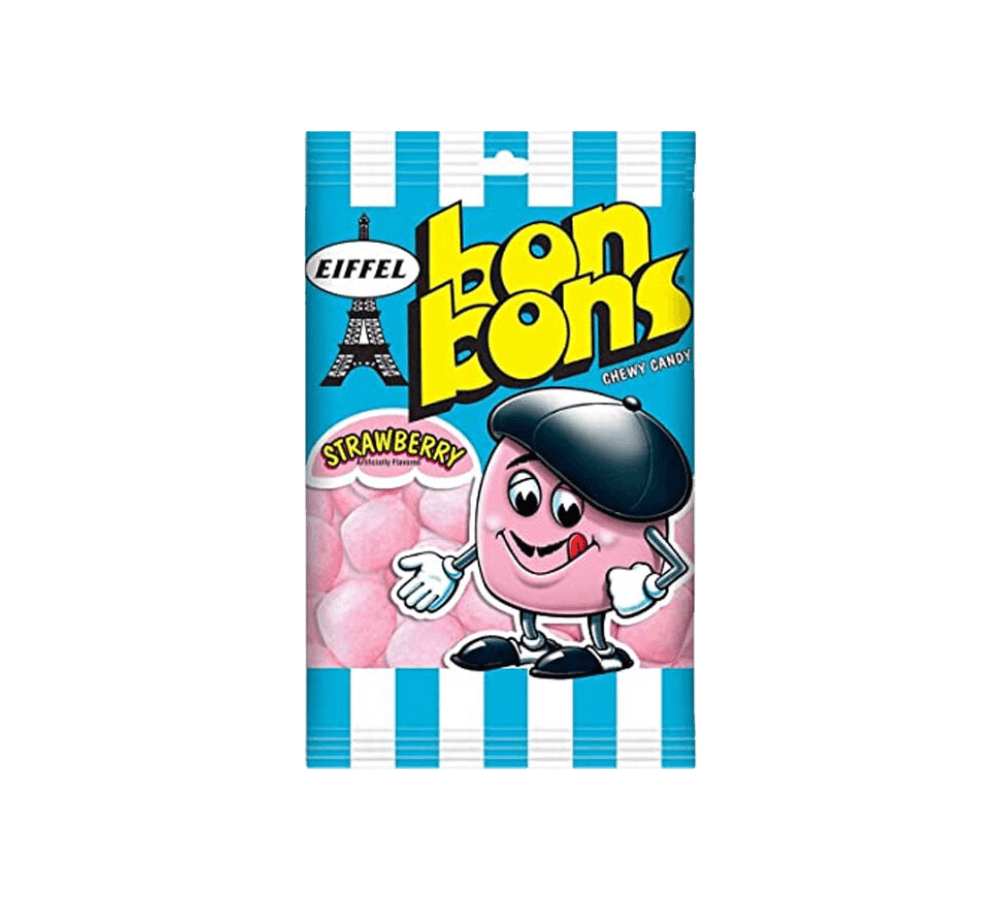 Sweet Palace Bon Bons Strawberry candy in a colorful package, showcasing shiny red strawberry-flavored sweets.
