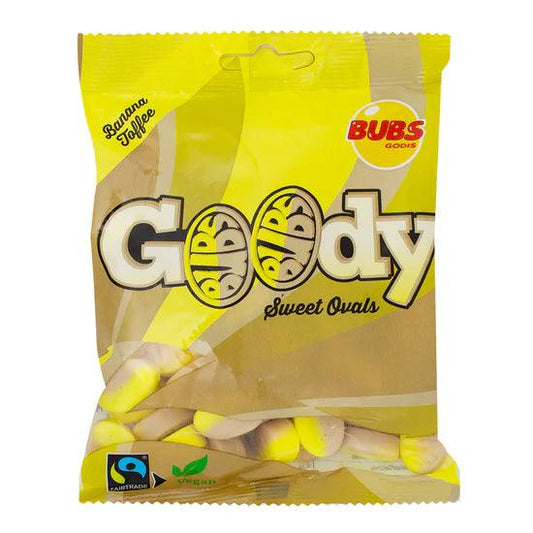 Swedish Banana Toffee candy by Bubs in oval shape, featuring bright yellow banana flavor and smooth caramel coating.