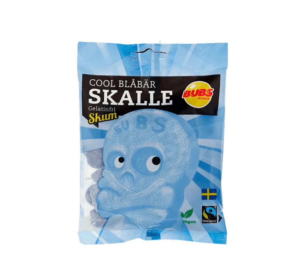 Swedish Candy Cool Blåbär Skalle by Sweet Palace featuring blue raspberry-flavored gummy skulls on a white background.
