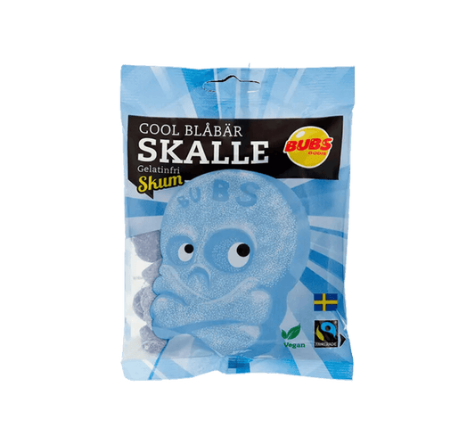 Swedish Bubs Candy Cool Blåbär Skalle featuring blue raspberry-flavored gummy skulls from Sweet Palace.