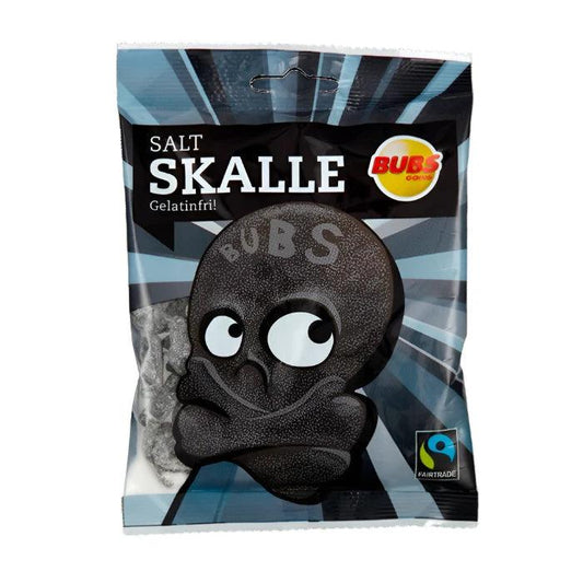 Swedish Candy Salt Skalle by Sweet Palace, 90g salt-flavored gummy skull candy with colorful design.