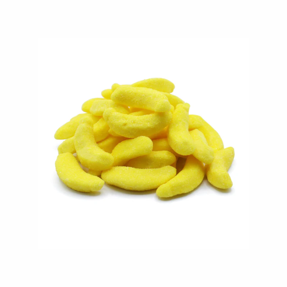 Sweet Palace gummy banana candy, bright yellow soft gummy snack with banana flavor, shown on a white background.