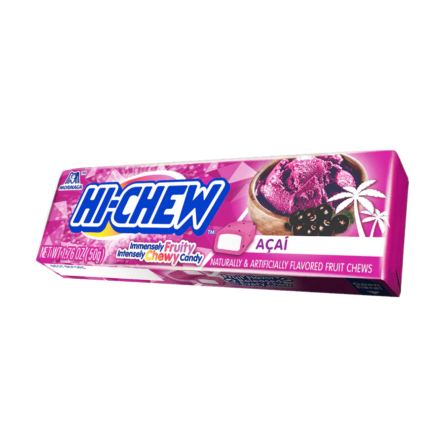 Hi-Chew Acai Stick candy from Sweet Palace, showing vibrant purple fruit-flavored chewy candy on a white background.