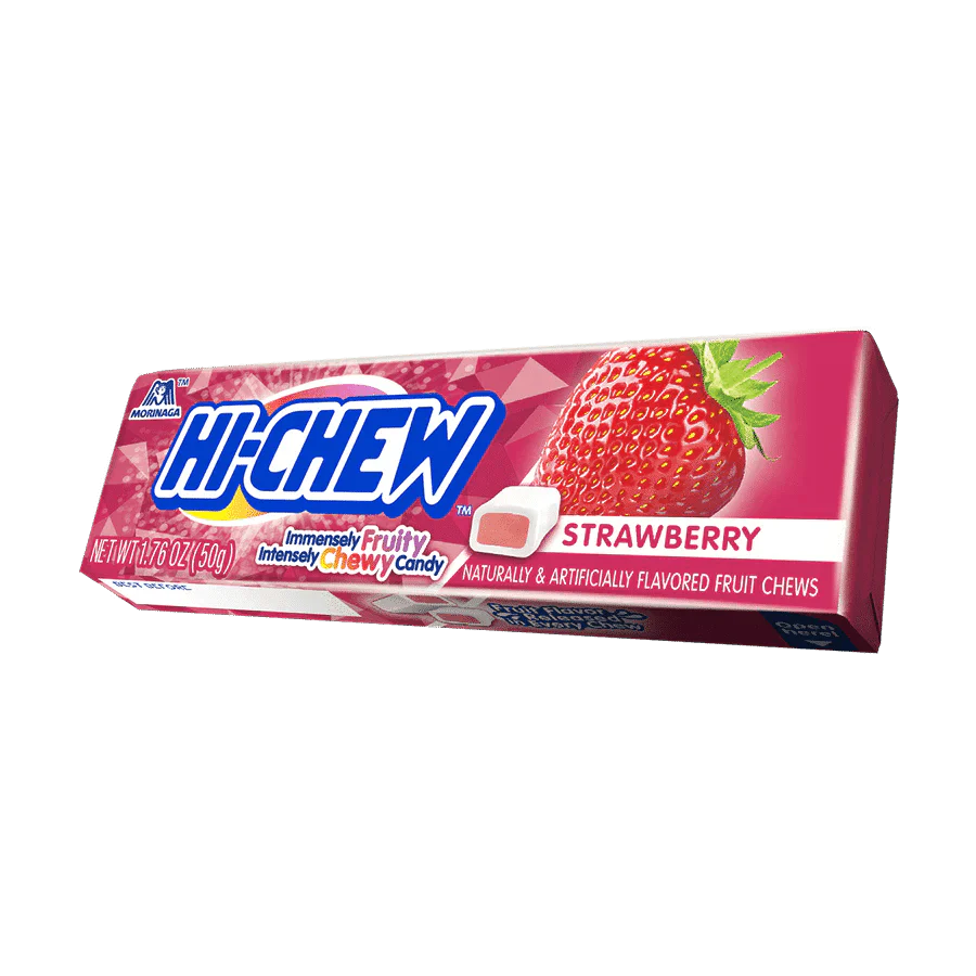 Hi-Chew Strawberry Stick candy by Sweet Palace, showing the colorful chewy strawberry-flavored candy in its packaging.