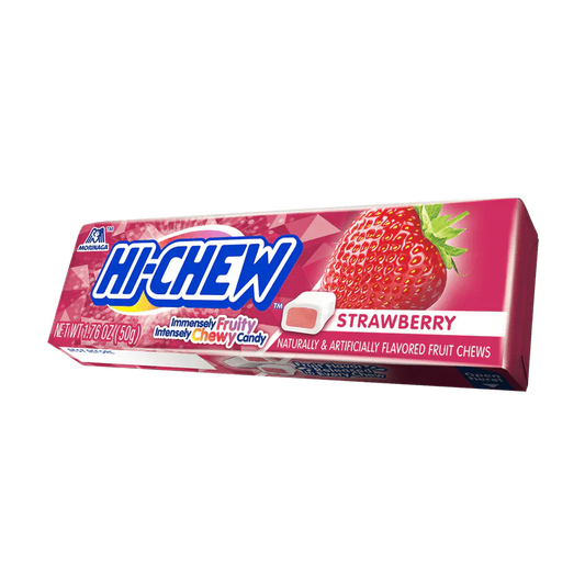 Sweet Palace Hi-Chew Strawberry stick candy with bright red and pink packaging, featuring the chewy strawberry-flavored candy stick.