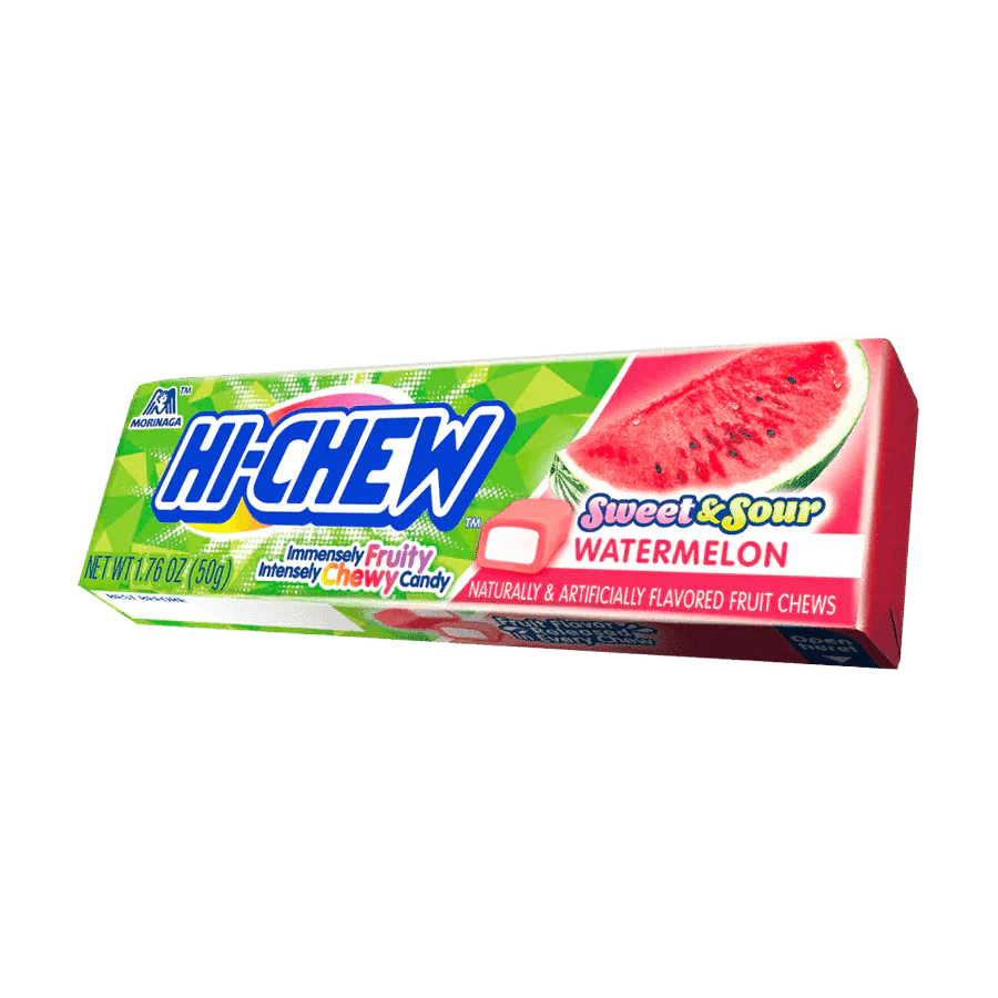 Hi-Chew Watermelon Stick candy by Sweet Palace, showing the chewy pink and green watermelon-flavored candy stick.