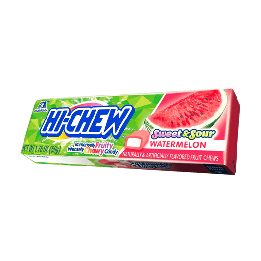 Sweet Palace Hi-Chew Watermelon Stick candy with bright green and pink watermelon flavor packaging and colorful candy stick.