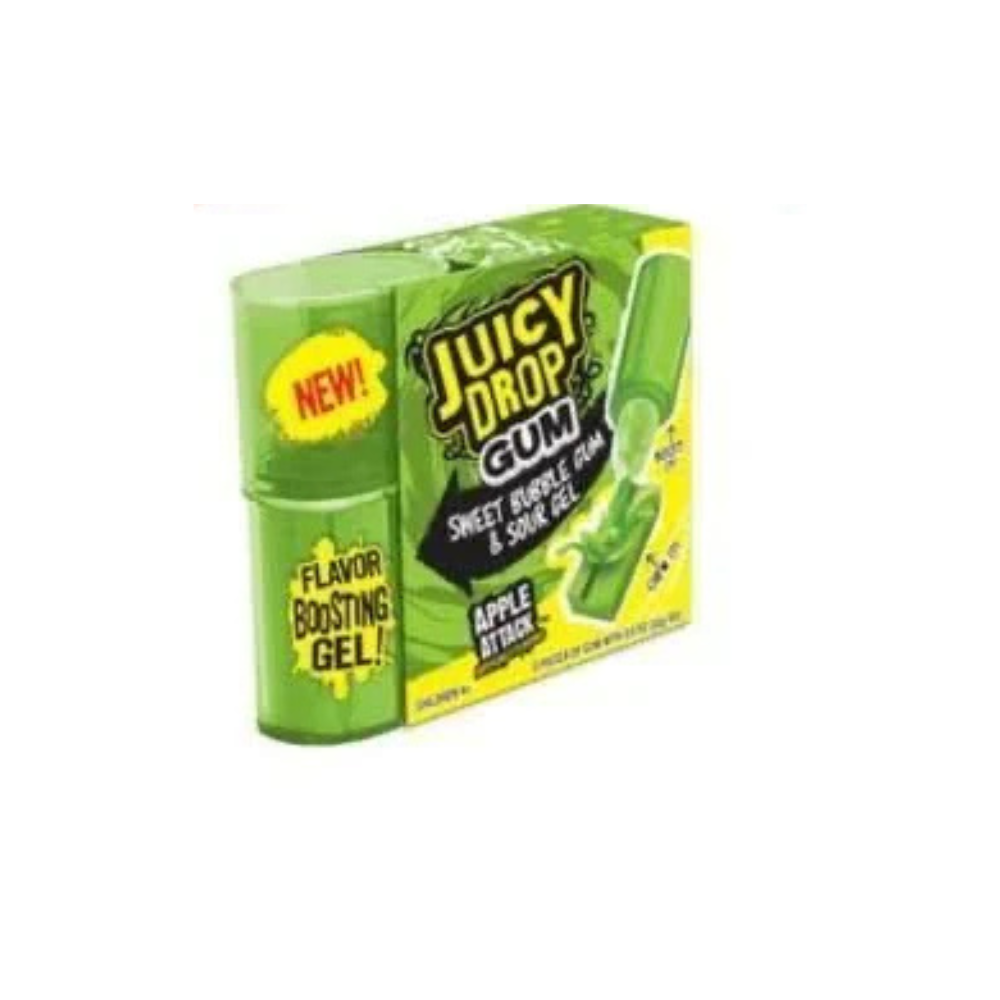 Juicy Drop Gum Apple Attack by Sweet Palace showing bright green apple-flavored gum with colorful packaging.