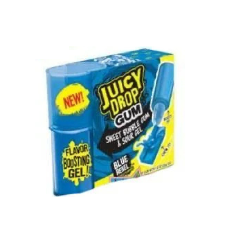 Blue Rebel Juicy Drop Gum by Sweet Palace, colorful candy gum with vibrant blue packaging and chewy texture.