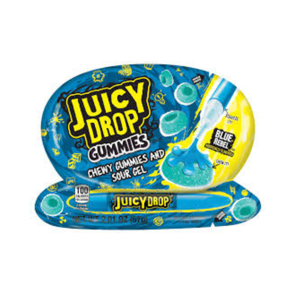 Blue Rebel Juicy Drop Gummies by Sweet Palace, colorful candy gummies with vibrant blue hues and playful packaging.
