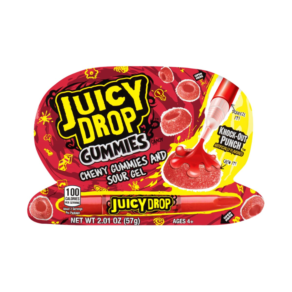 Juicy Drop Gummies Knock-Out Punch candy by Sweet Palace, colorful gummy candies with bold punch flavor, shown in bright packaging