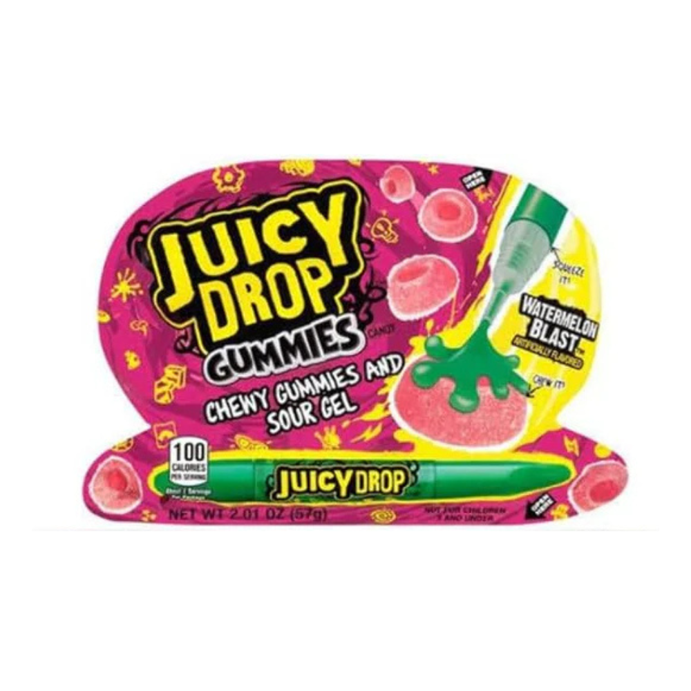 Juicy Drop Gummies Watermelon Blast candy from Sweet Palace with bright watermelon flavor and colorful gummy shapes.
