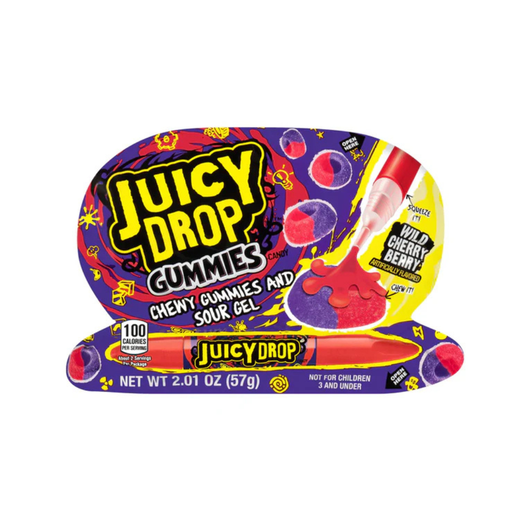 Juicy Drop Gummies Wild Cherry Berry candy by Sweet Palace featuring colorful cherry and berry-flavored gummy candies.
