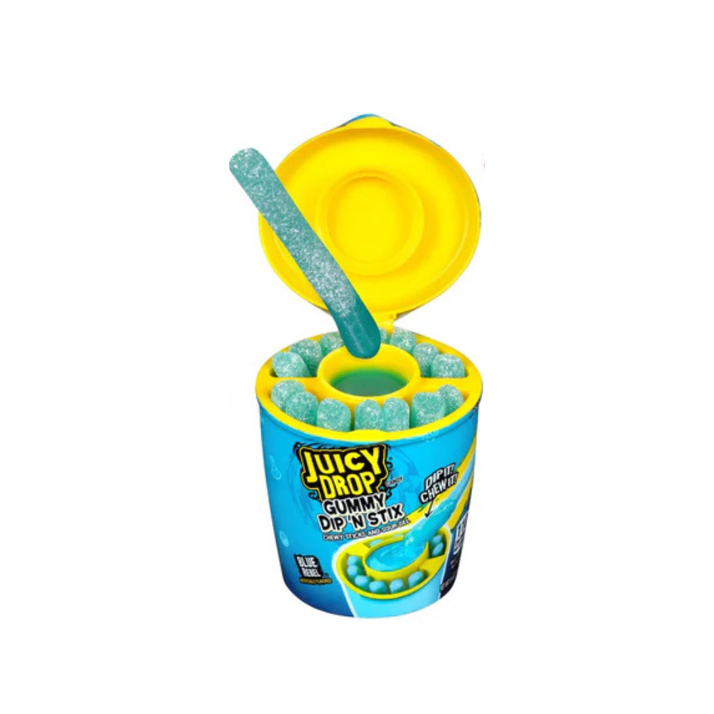 Blue Rebel Juicy Drop Gummy Dip'N Stix by Sweet Palace, colorful candy sticks with blue flavored gummy dip for a fun treat.