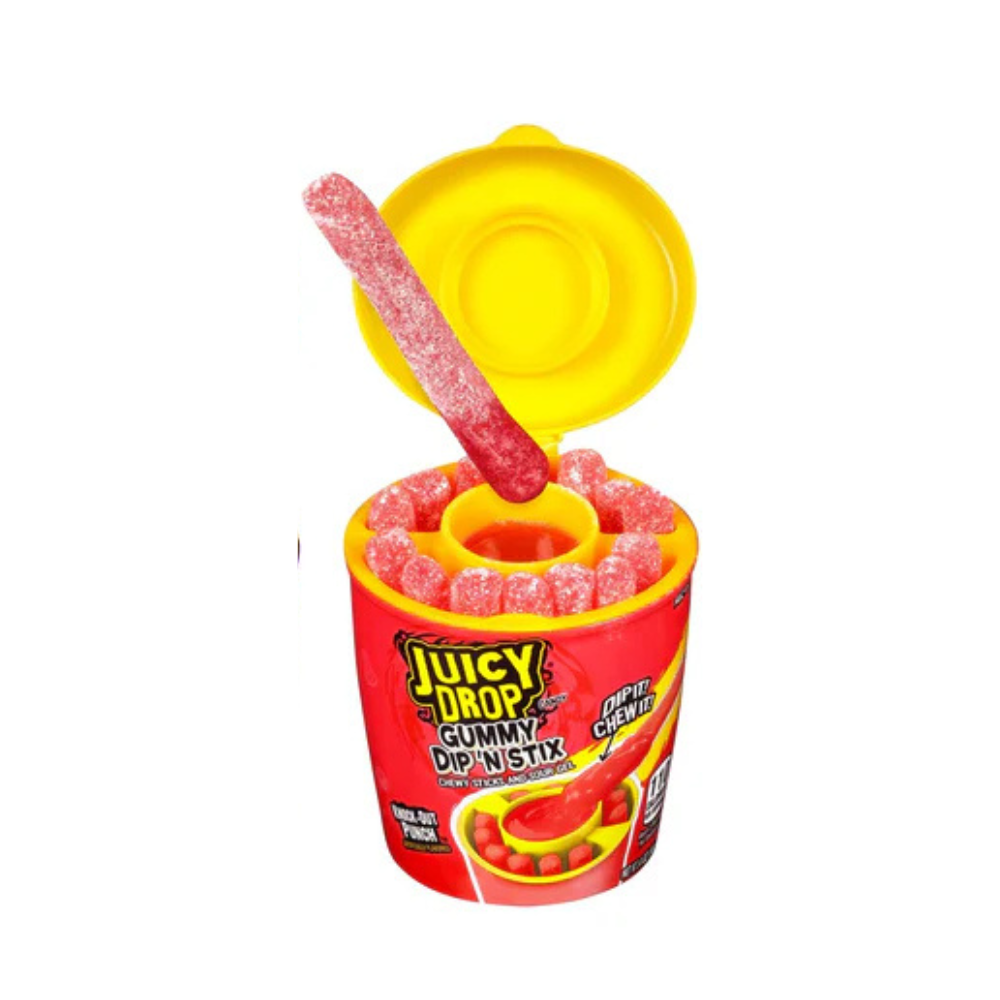 Juicy Drop Gummy Dip'N Stix Knock-Out Punch candy by Sweet Palace, showing colorful gummy sticks and dipping sauce