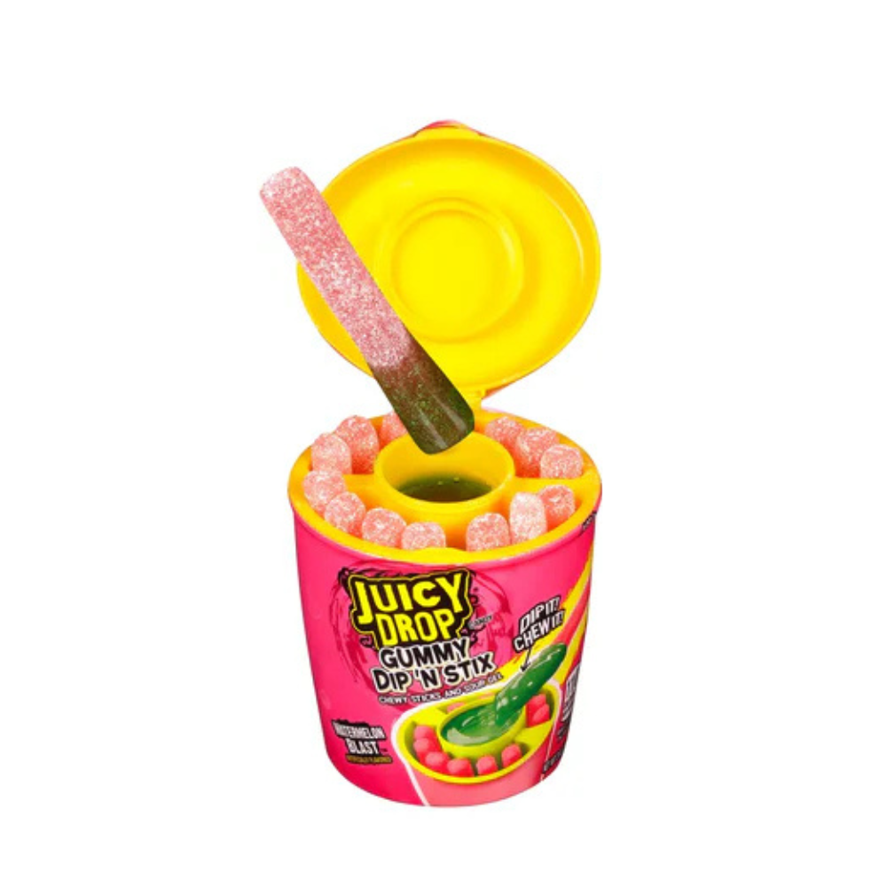 Juicy Drop Gummy Dip'N Stix Watermelon Blast candy by Sweet Palace featuring watermelon-flavored gummy sticks and dipping sauce.
