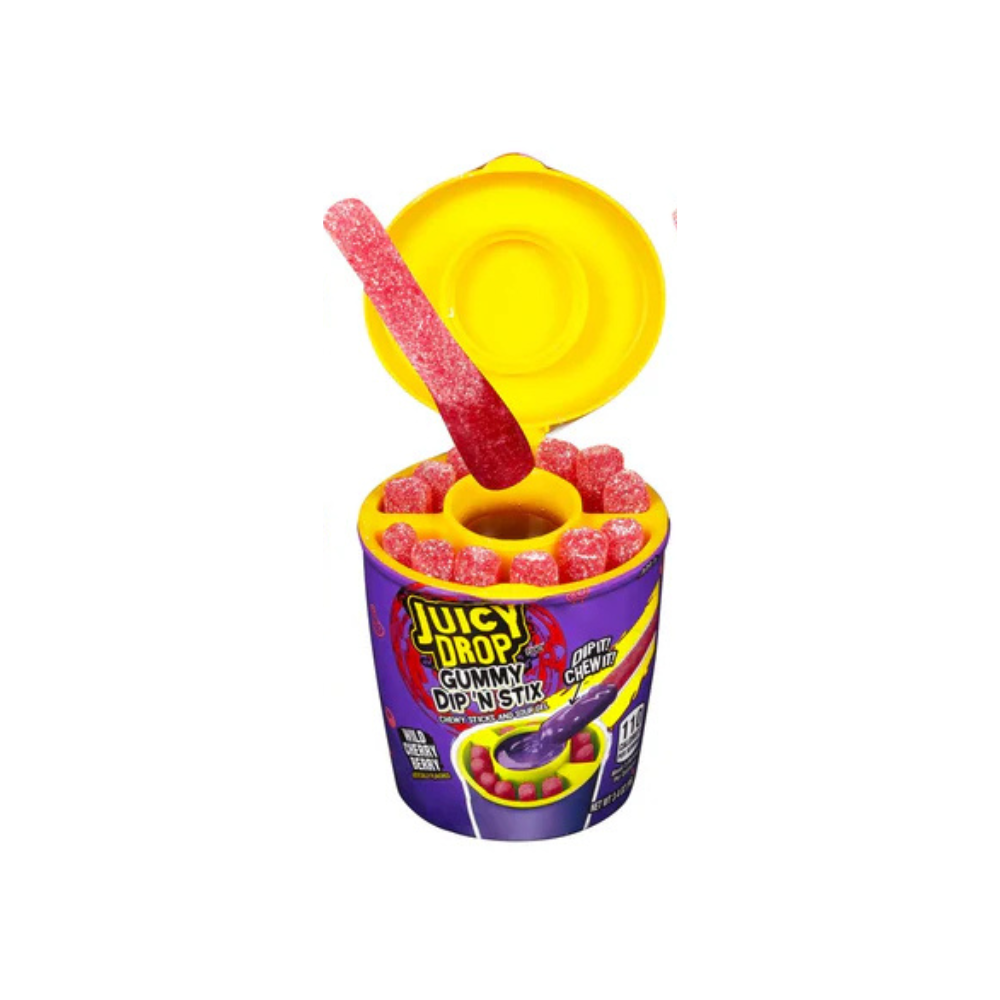 Juicy Drop Gummy Dip'N Stix Wild Cherry Berry candy by Sweet Palace, showing colorful gummy sticks and cherry berry flavor.