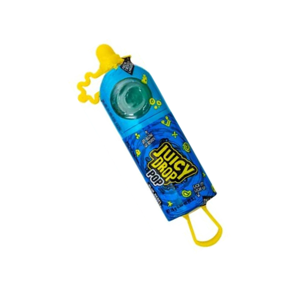 Blue Juicy Drop Pop candy by Sweet Palace showing the colorful lollipop with a blue rebel flavor and vibrant packaging.