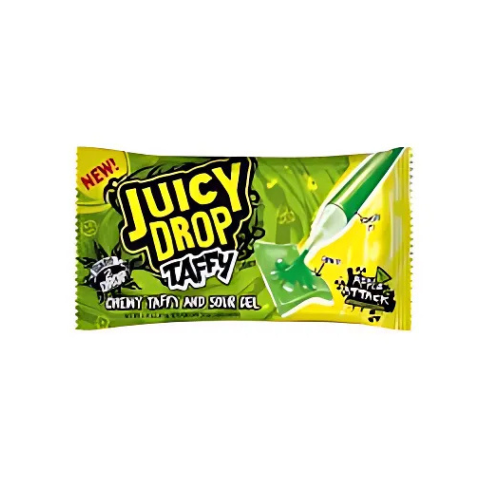 Juicy Drop Taffy Apple Attack candy by Sweet Palace, showing colorful taffy pieces with apple flavor packaging.