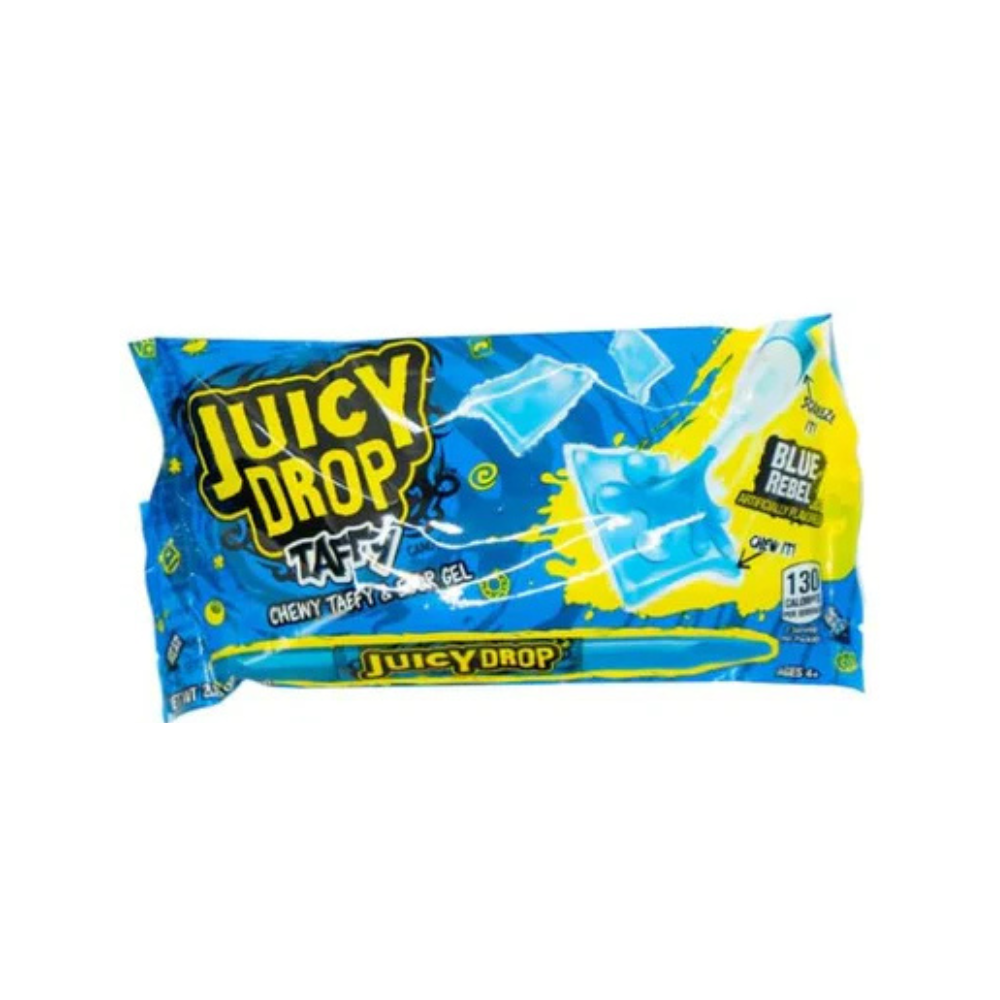 Blue Rebel Juicy Drop Taffy by Sweet Palace, colorful chewy candy with vibrant blue color and playful packaging.