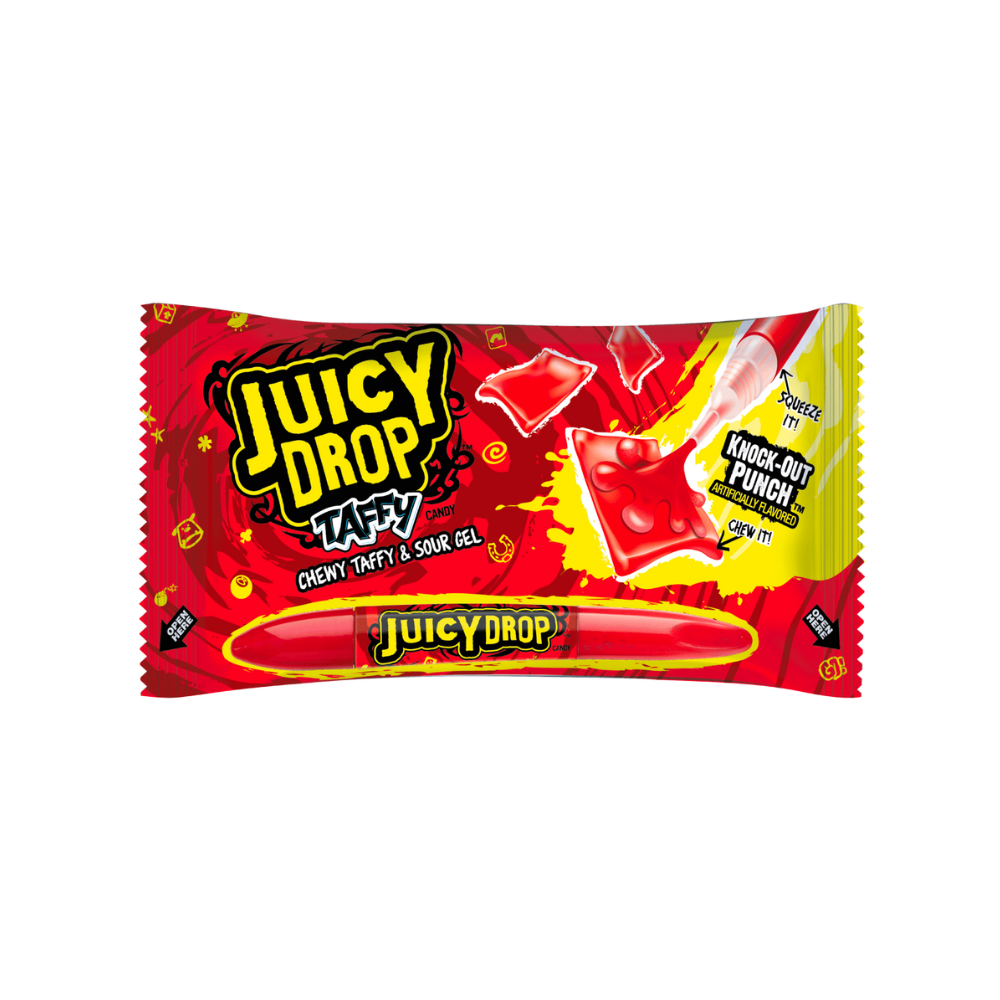 Juicy Drop Taffy Knock-Out Punch candy by Sweet Palace featuring colorful, chewy taffy pieces in bright packaging.