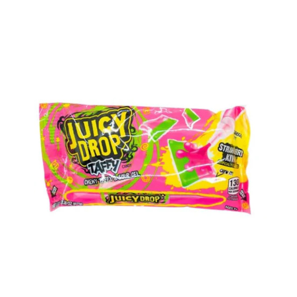 Strawberry Juicy Drop Taffy by Sweet Palace, colorful chewy strawberry candy with vibrant packaging and glossy texture.