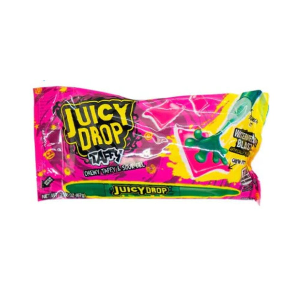 Watermelon Blast Juicy Drop Taffy candy by Sweet Palace, showing vibrant pink and green watermelon-flavored taffy pieces.