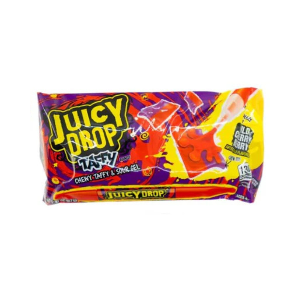 Juicy Drop Taffy Wild Cherry Berry candy by Sweet Palace showing colorful taffy pieces in a vibrant display
