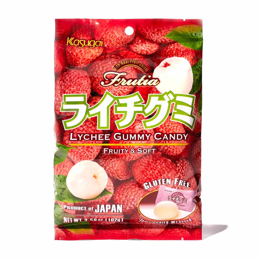 Sweet Palace Kasugai Lychee Candy in colorful packaging, showcasing the candy's bright and fruity appearance.