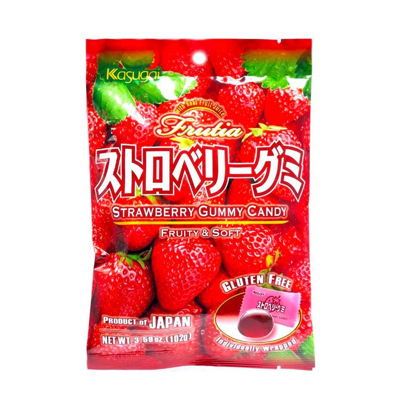 Sweet Palace Kasugai Strawberry Candy in colorful packaging, showcasing vibrant pink strawberry-flavored candy pieces.