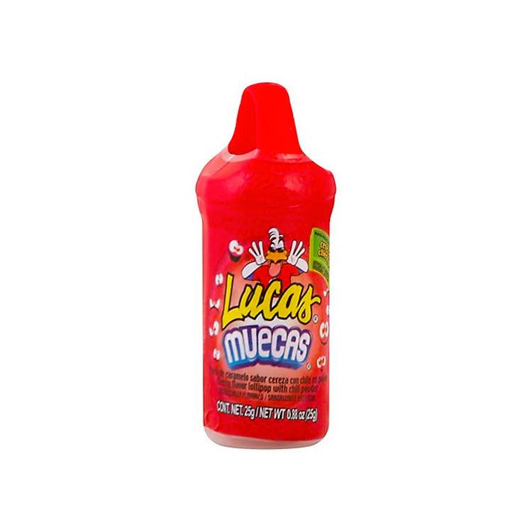 Lucas Muecas Cherry candy from Sweet Palace, showing colorful cherry-flavored lollipop with a spicy sugar coating.